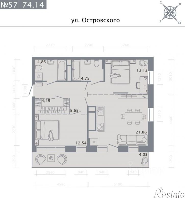 2-комн квартира в новом доме улица Островского, 110,  д. 110