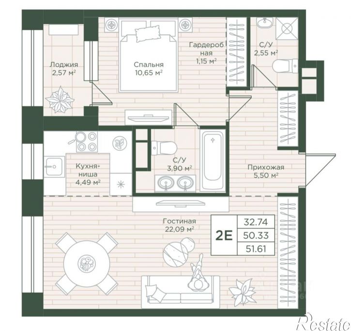 2-комн квартира в новом доме