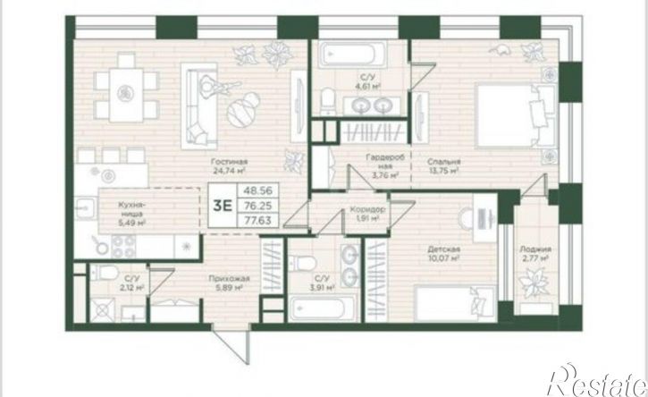 3-комн квартира Республика Татарстан (Татарстан), ЖК Савин Фемили