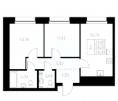 2-комн, 58 кв м, этаж 2/8 Адмиралтейская улица