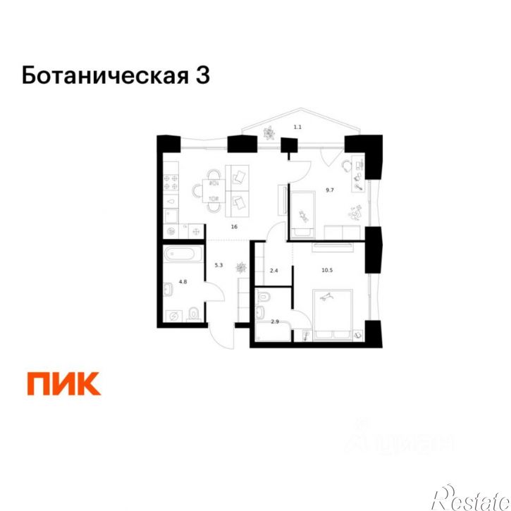 2-комн квартира в новом доме ул Дальняя, 7,  д. 7