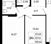 2-комн, 59 кв м, этаж 5/13 Залесная улица, 22