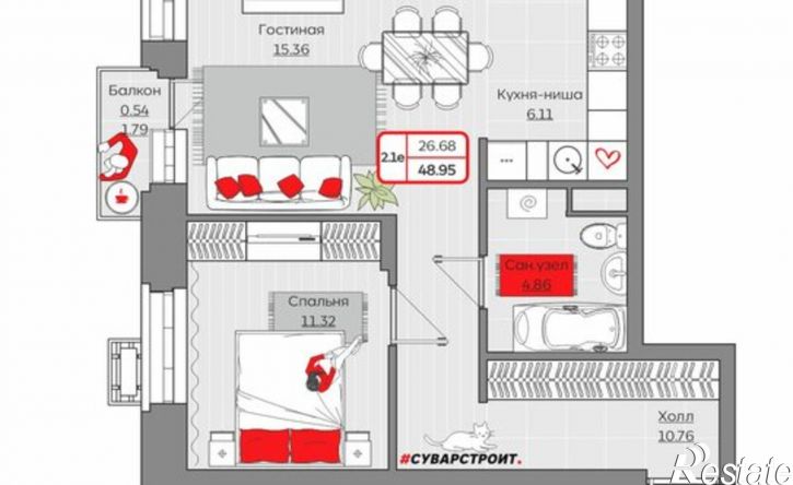 2-комн квартира в новом доме Республика Татарстан (Татарстан), Приволжский район, жилой комплекс Станция Спортивн