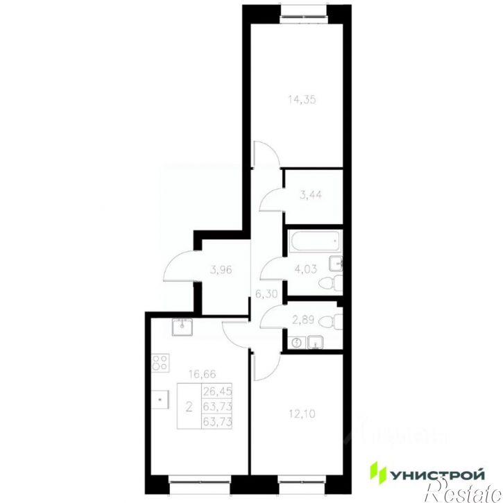 2-комн квартира в новом доме Адмиралтейская улица, 2,  д. 2