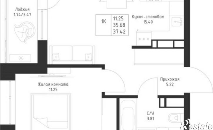 1-комн квартира в новом доме Республика Татарстан (Татарстан), Казань, жилой район Седьмое Небо