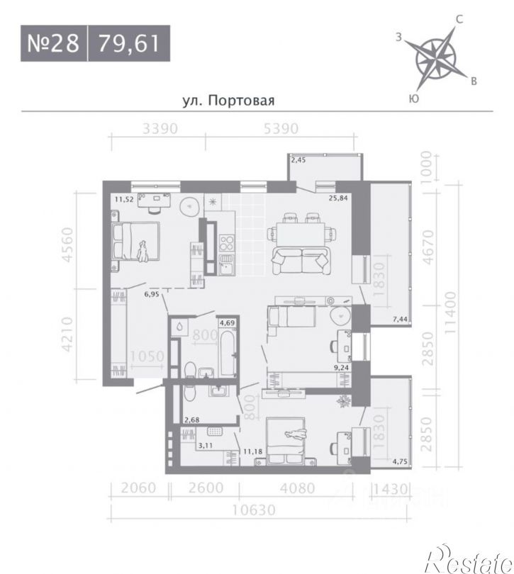 3-комн квартира в новом доме ул Портовая, 1225,  д. 1225