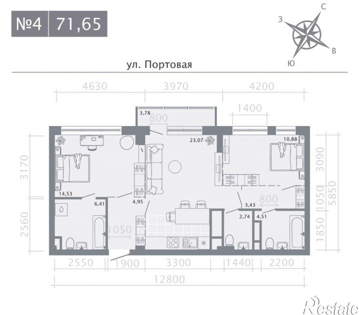 2-комн квартира в новом доме ул Портовая, 1225,  д. 1225