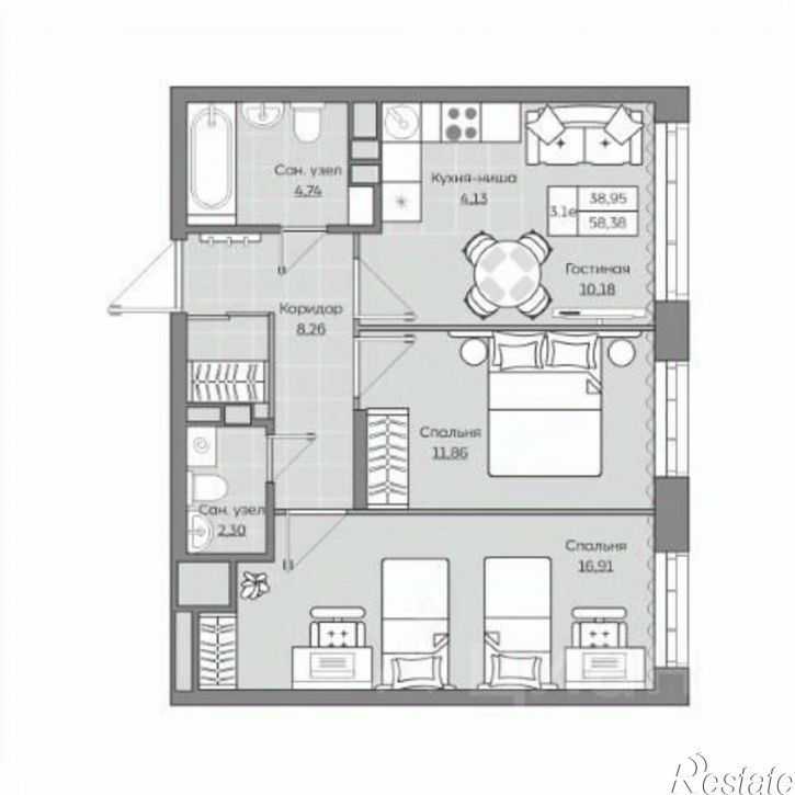 3-комн квартира в новом доме