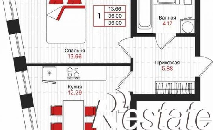 1-комн квартира в новом доме Гвардейская улица, 52/2,  д. 52/2