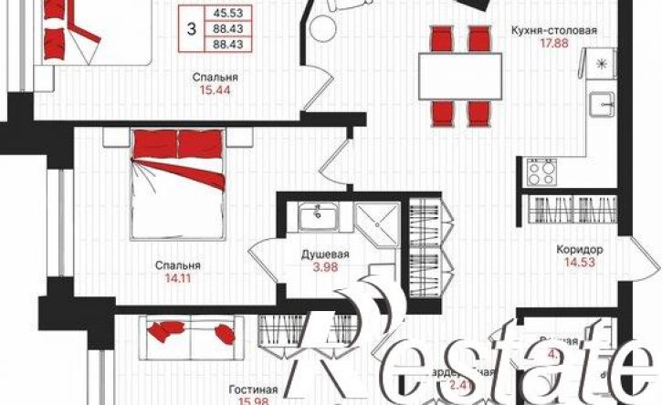 3-комн квартира в новом доме Гвардейская улица, 52/2,  д. 52/2