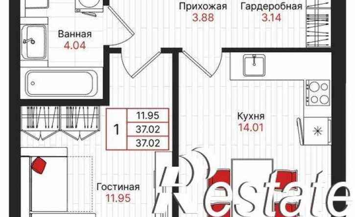 1-комн квартира в новом доме Гвардейская улица, 52/2,  д. 52/2