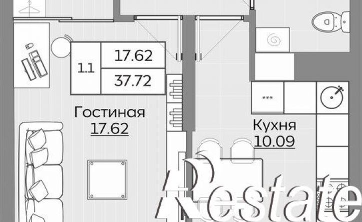 1-комн квартира в новом доме Республика Татарстан (Татарстан), улица Рауиса Гареева, 123